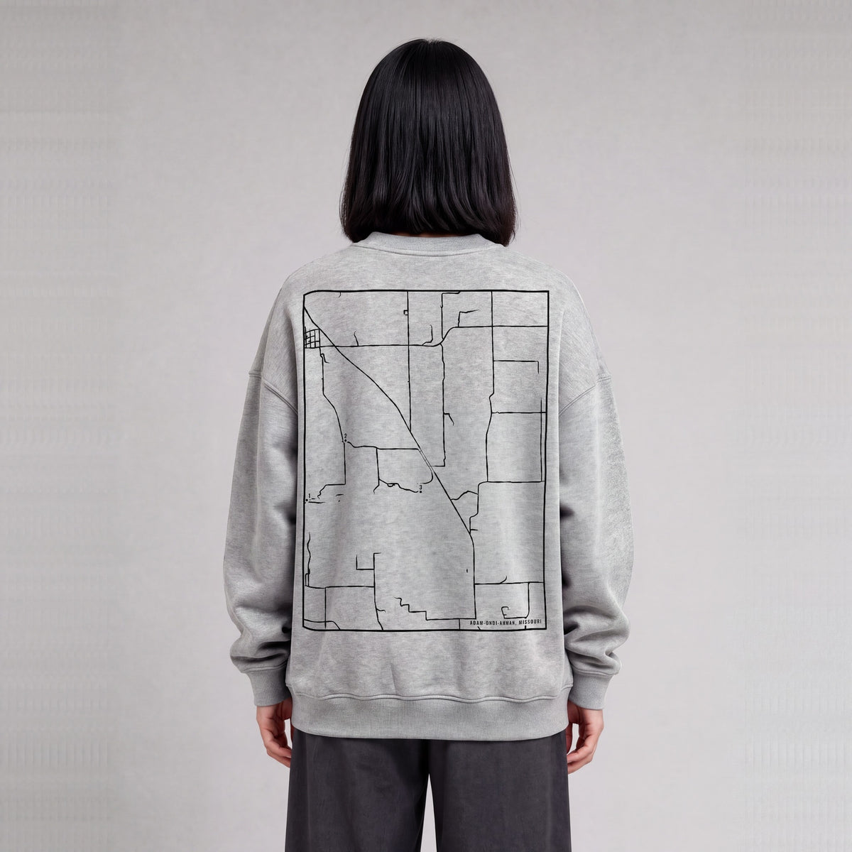 Adam-ondi-Ahman map sweatshirt, back print on model - Heather Gray