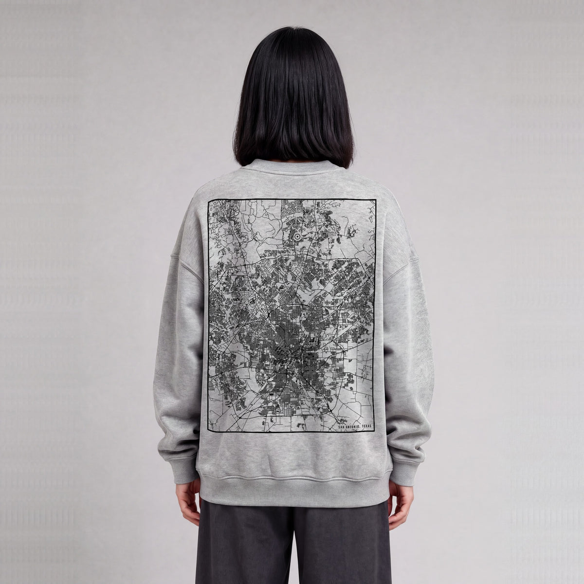 San Antonio map sweatshirt, back print on model - Heather Gray