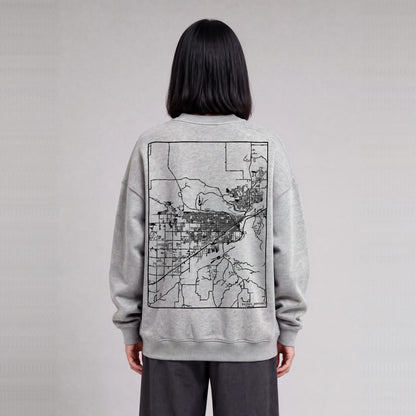 Billings map sweatshirt, back print on model - Heather Gray