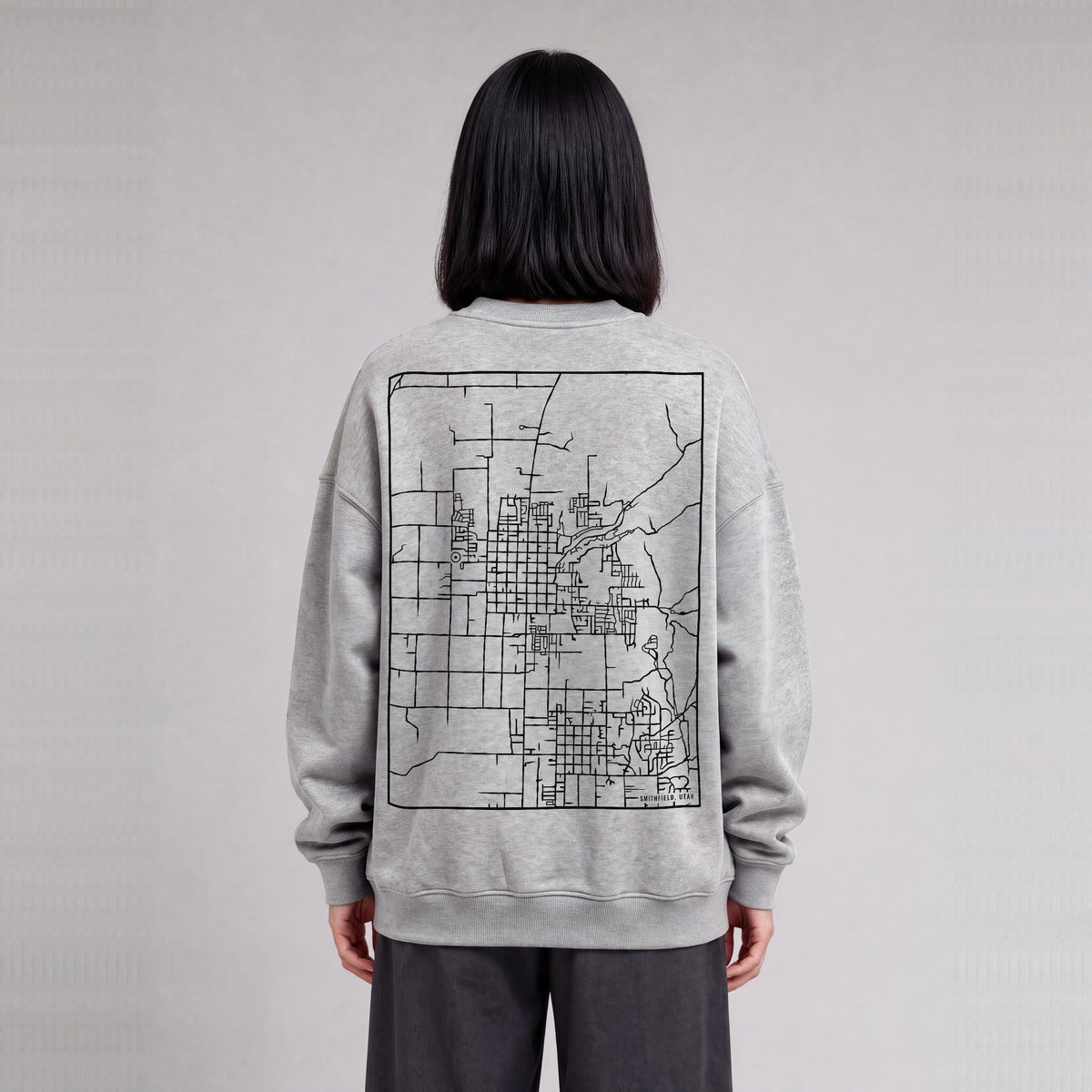 Smithfield map sweatshirt, back print on model - Heather Gray