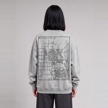 Smithfield map sweatshirt, back print on model - Heather Gray