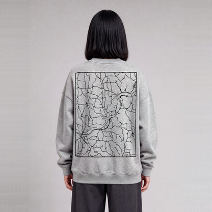 Afton map sweatshirt, back print on model - Heather Gray
