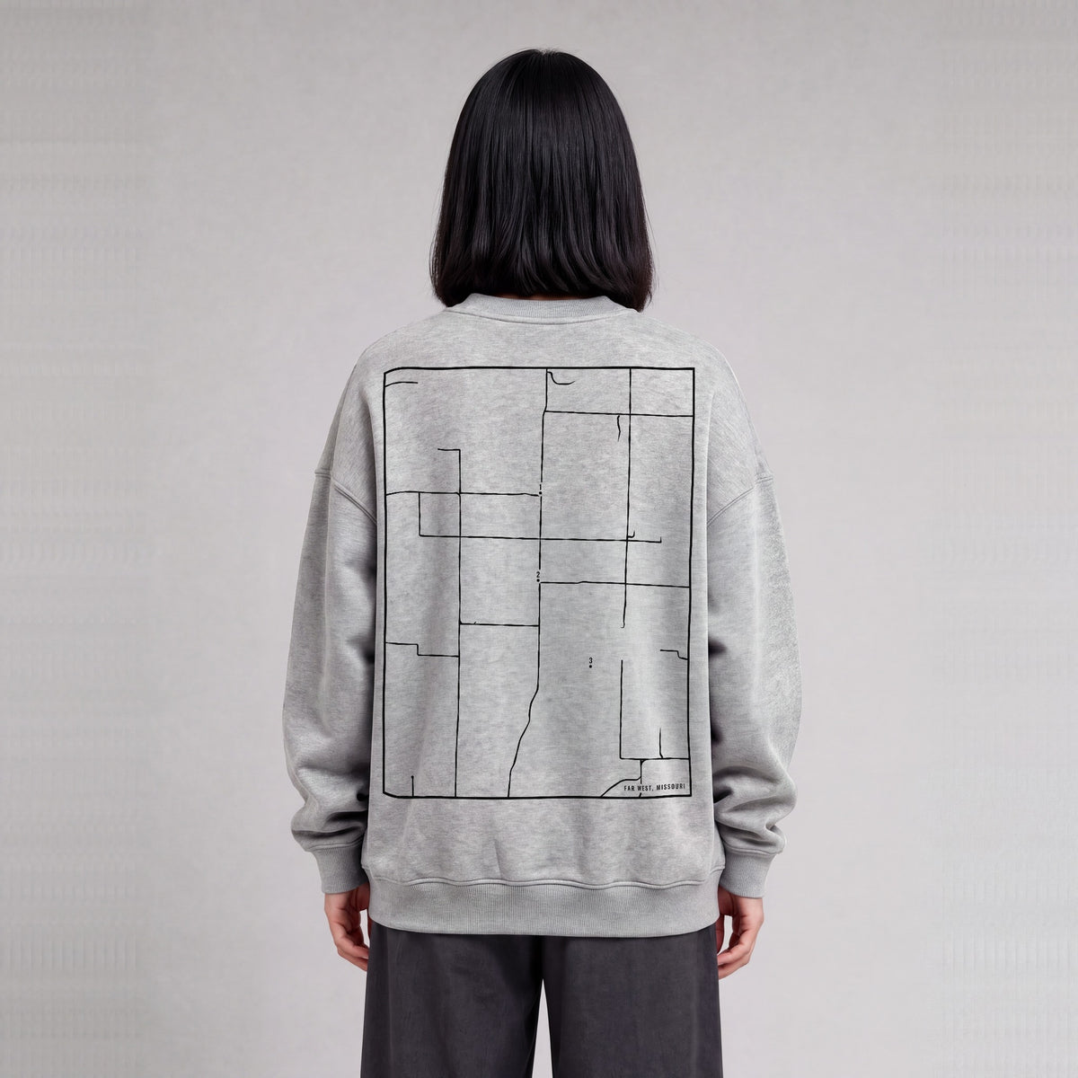 Far West map sweatshirt, back print on model - Heather Gray
