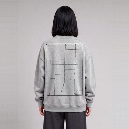 Far West map sweatshirt, back print on model - Heather Gray