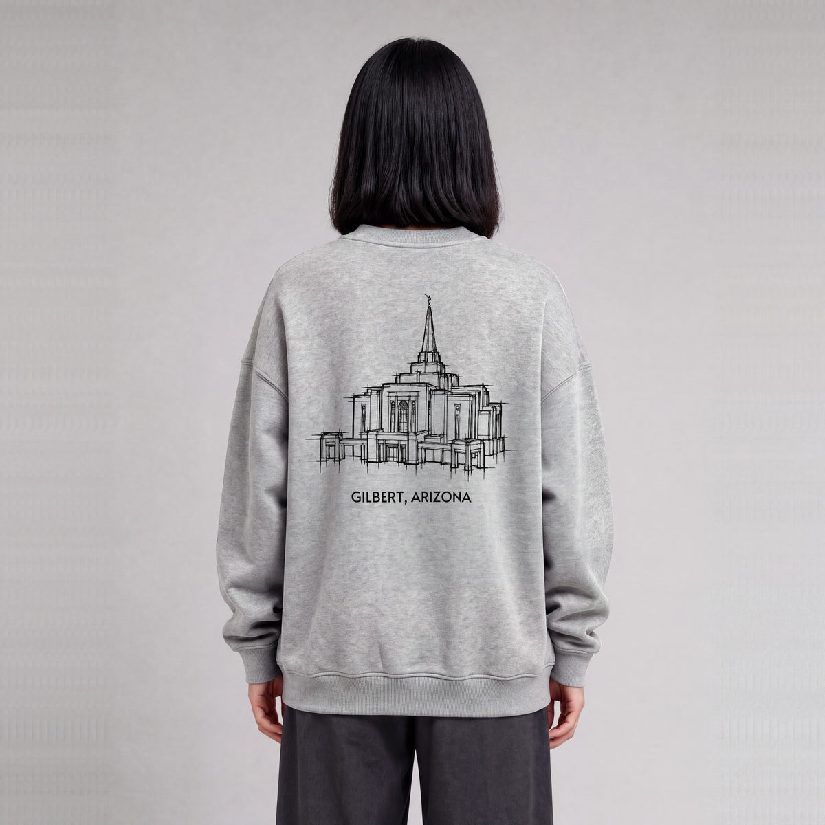 Gilbert Temple back print on model - Heather Gray