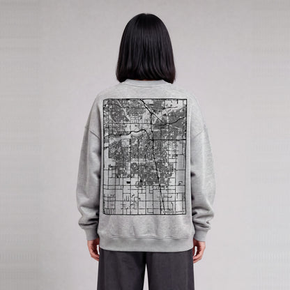 Bakersfield map sweatshirt, back print on model - Heather Gray