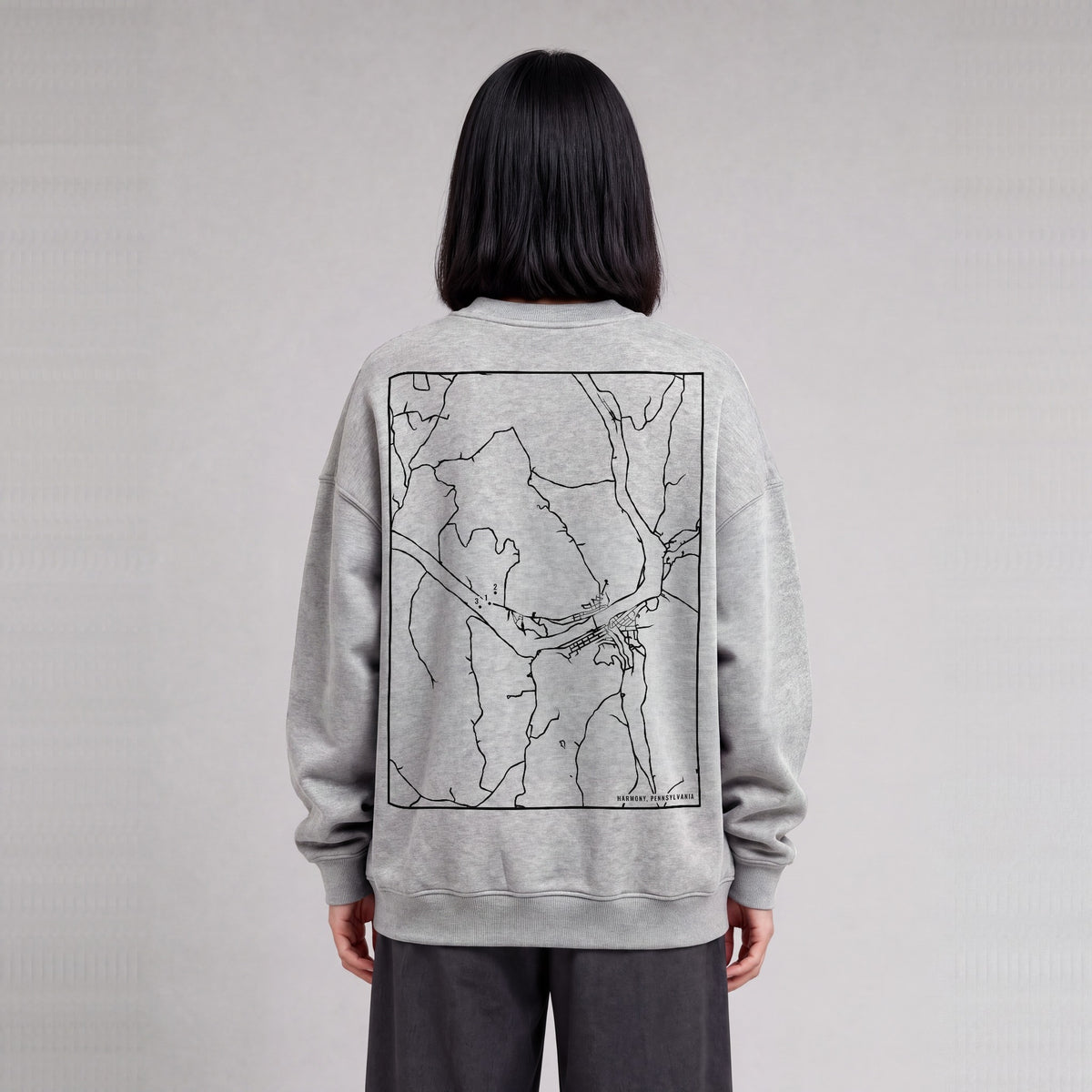 Harmony map sweatshirt, back print on model - Heather Gray