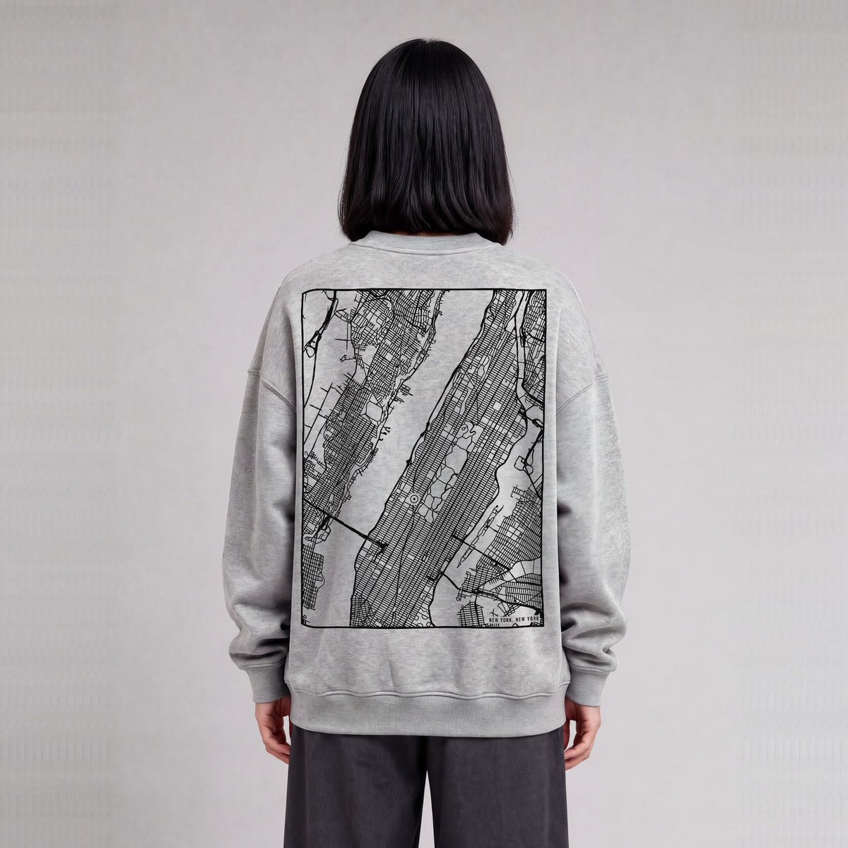 New York map sweatshirt, back print on model - Heather Gray