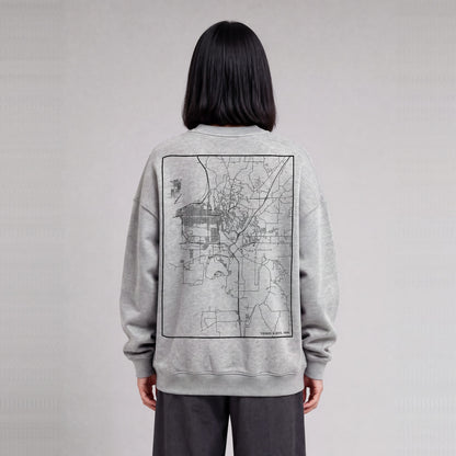 Council Bluffs map sweatshirt, back print on model - Heather Gray