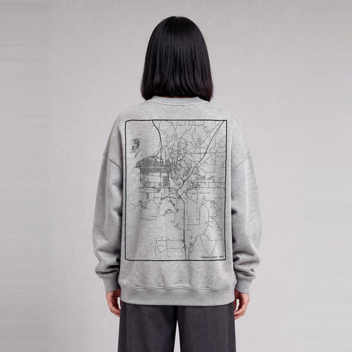 Council Bluffs map sweatshirt, back print on model - Heather Gray
