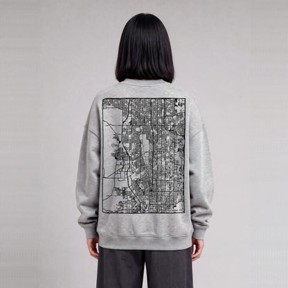 West Jordan map sweatshirt, back print on model - Heather Gray