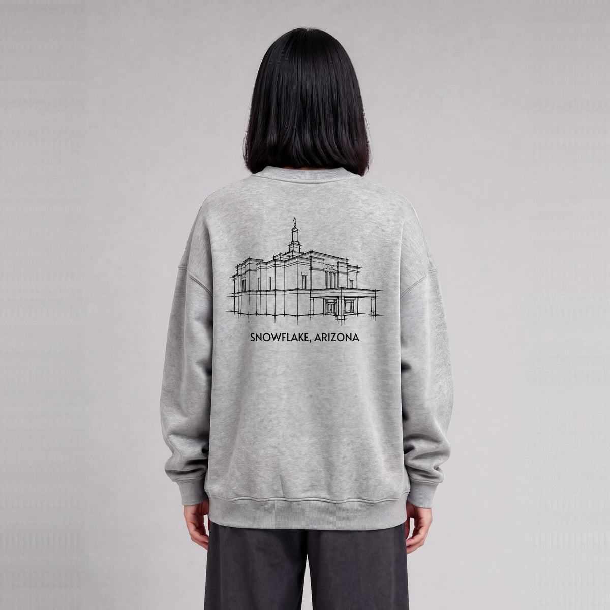 Snowflake Temple back print on model - Heather Gray