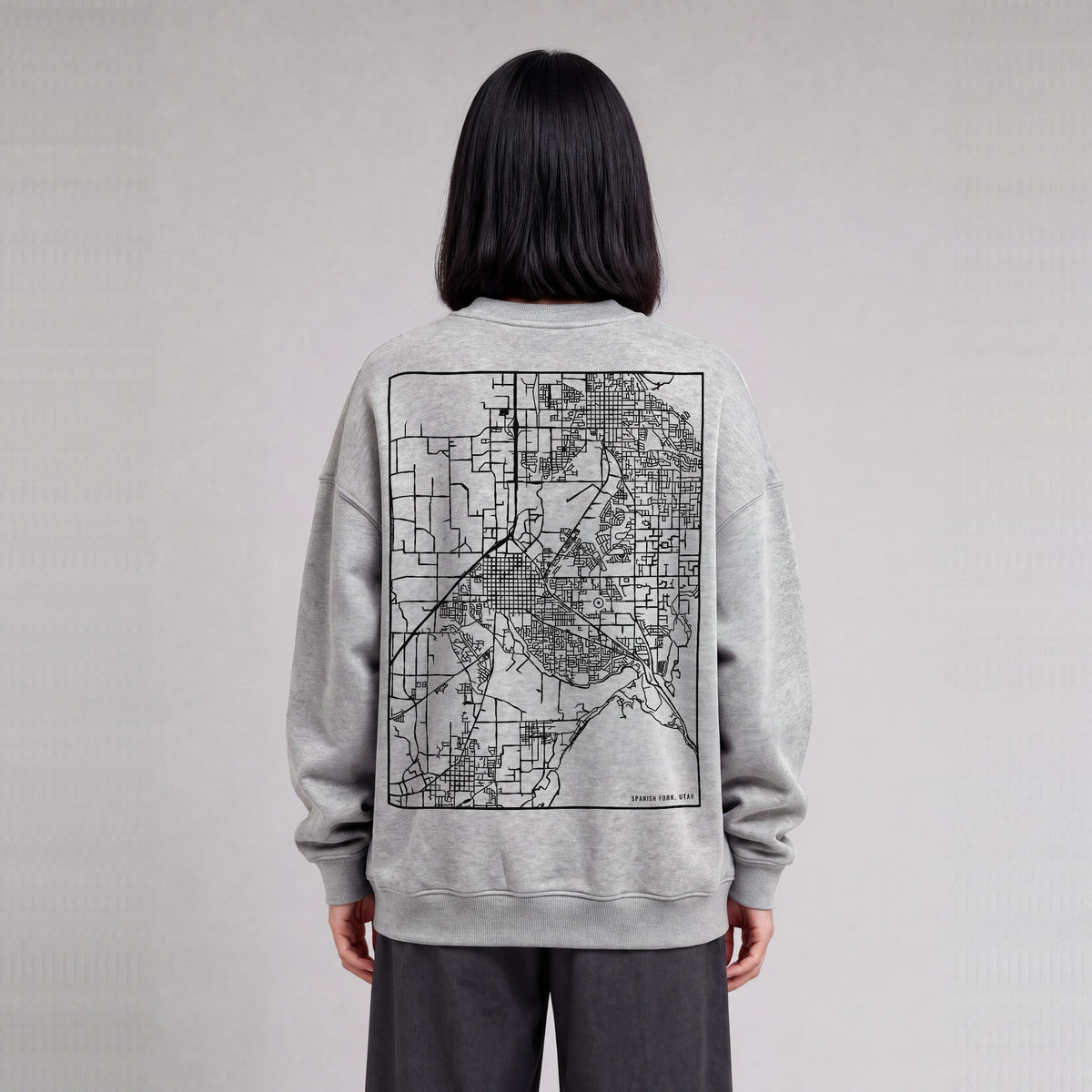 Spanish Fork map sweatshirt, back print on model - Heather Gray