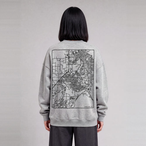 Spanish Fork map sweatshirt, back print on model - Heather Gray