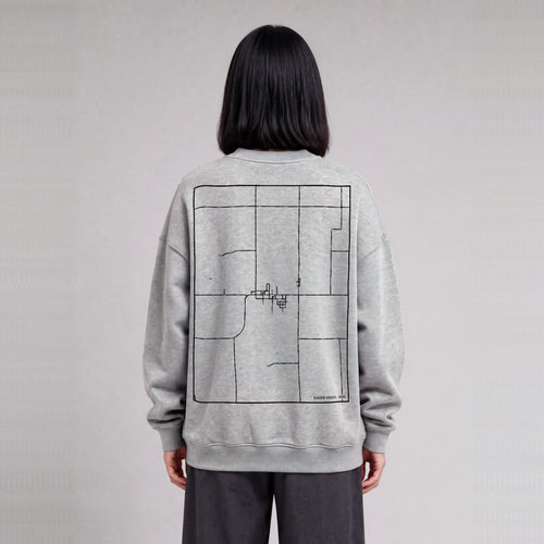 Garden Grove map sweatshirt, back print on model - Heather Gray