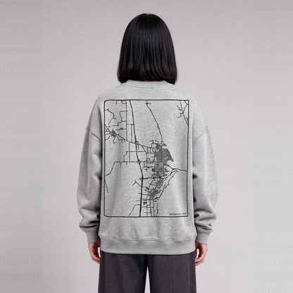 Brigham City map sweatshirt, back print on model - Heather Gray