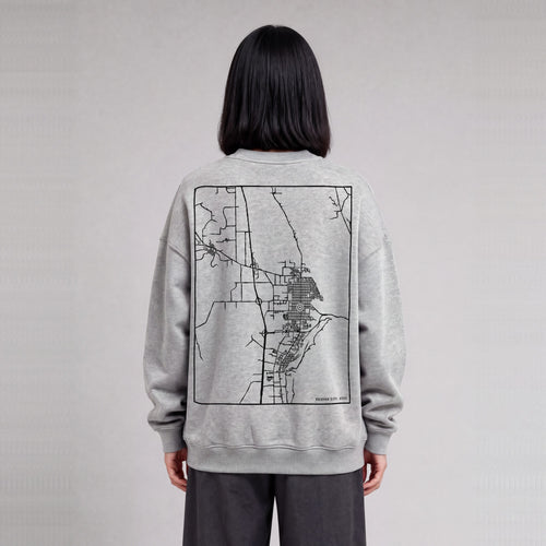 Brigham City map sweatshirt, back print on model - Heather Gray
