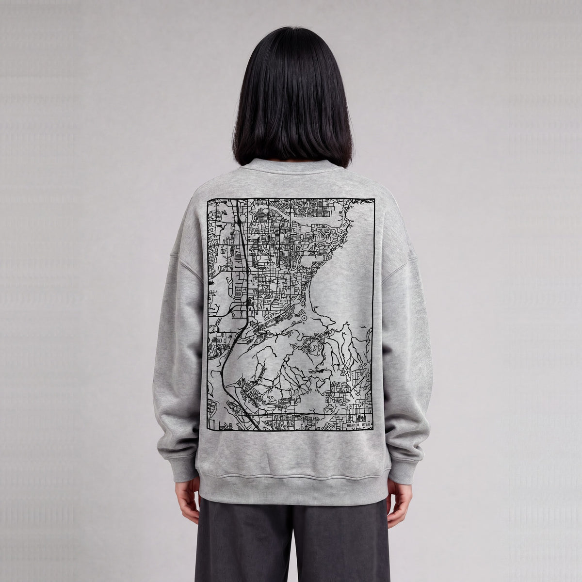 Draper map sweatshirt, back print on model - Heather Gray