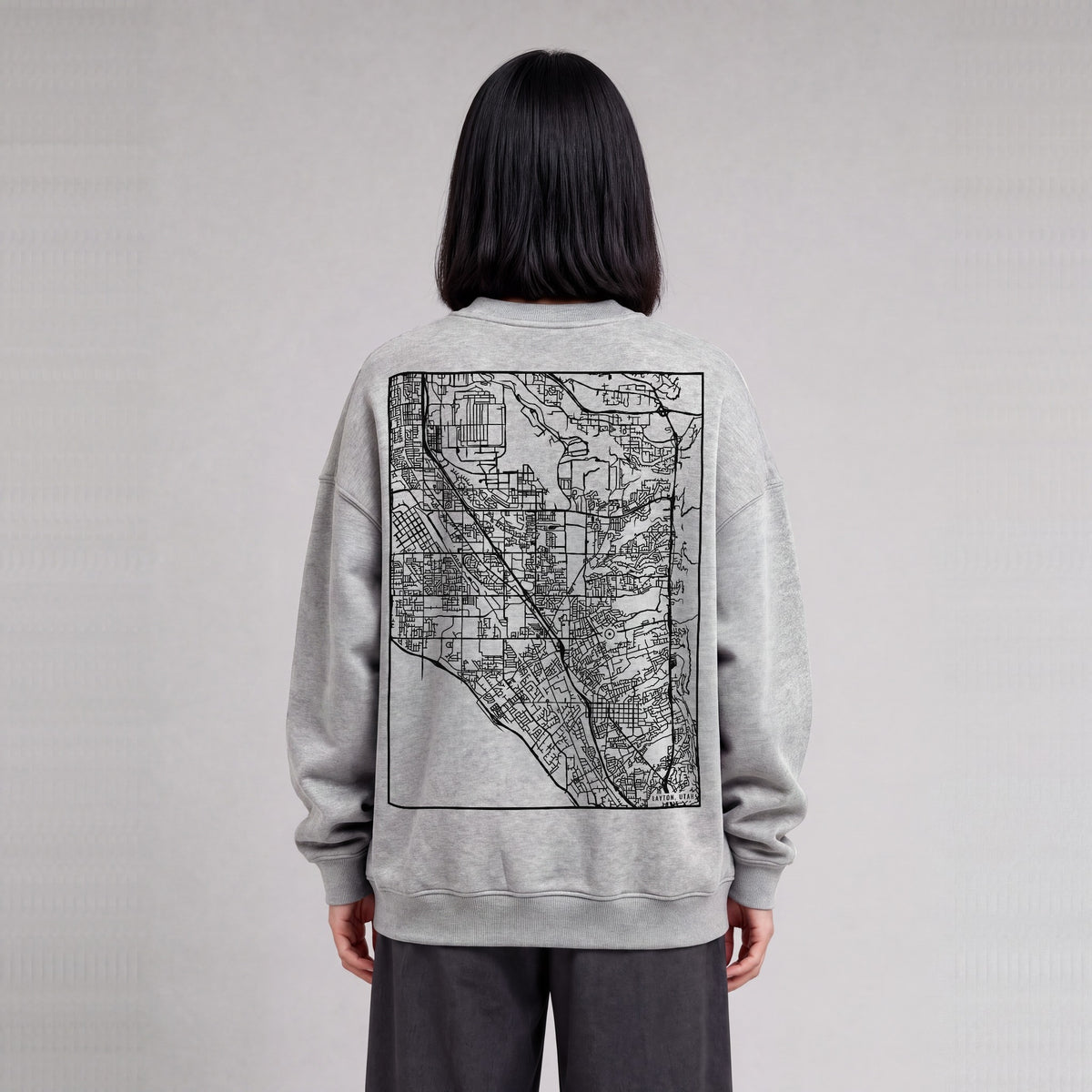 Layton map sweatshirt, back print on model - Heather Gray