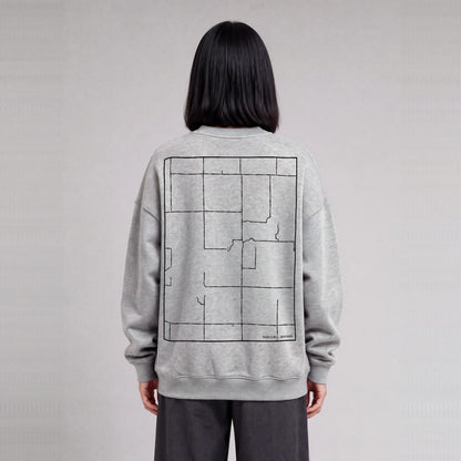 Haun's Mill map sweatshirt, back print on model - Heather Gray