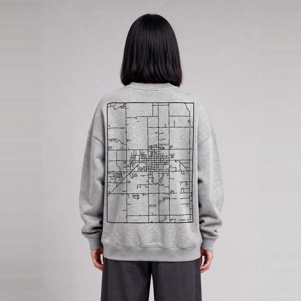 Vernal map sweatshirt, back print on model - Heather Gray