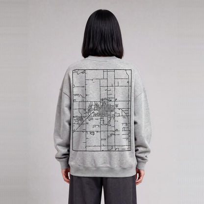 Vernal map sweatshirt, back print on model - Heather Gray