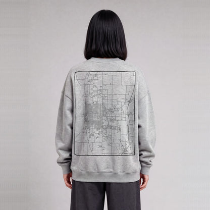 Quincy map sweatshirt, back print on model - Heather Gray