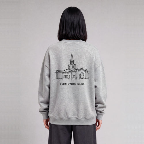 Coeur d'Alene Temple back print on model - Heather Gray