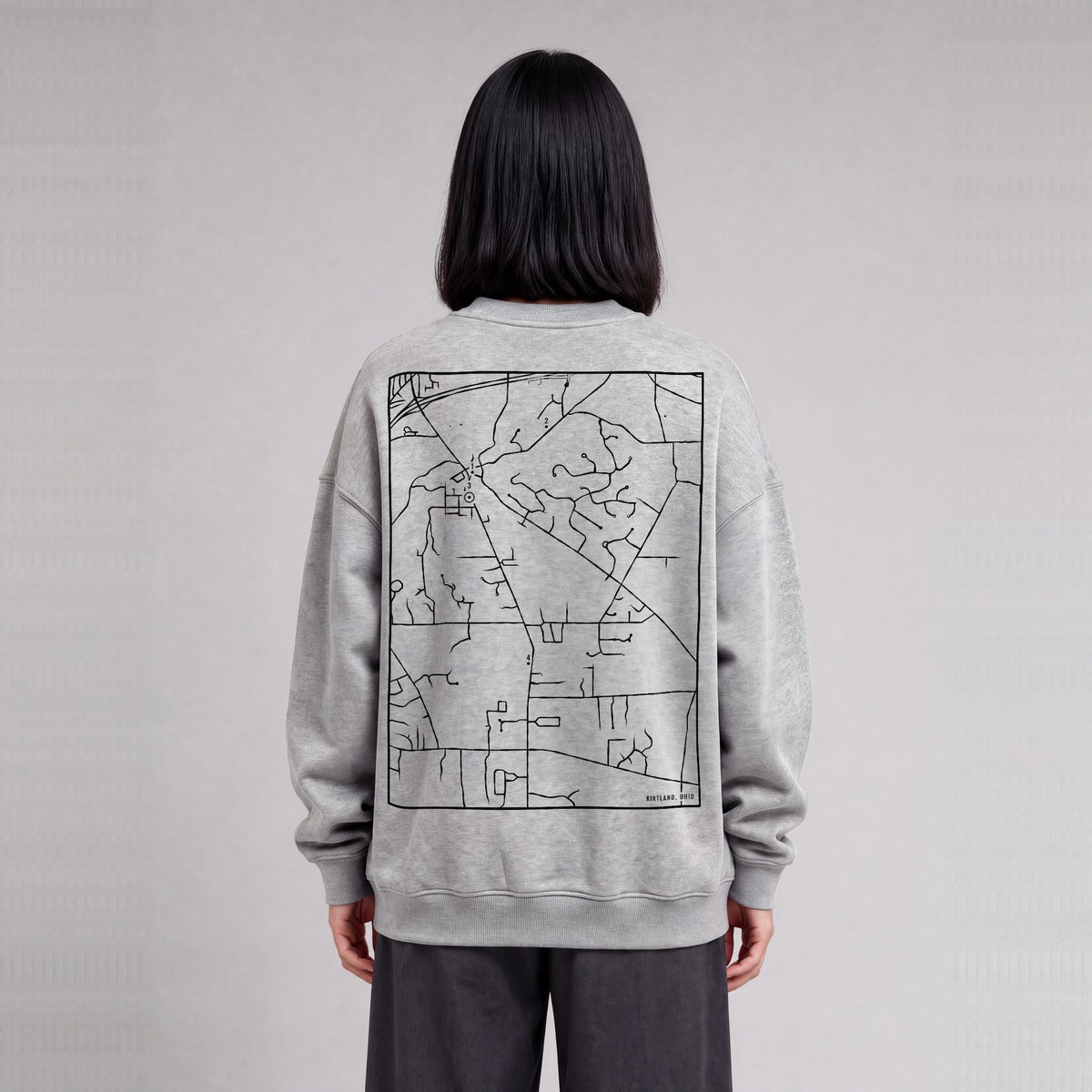 Kirtland map sweatshirt, back print on model - Heather Gray