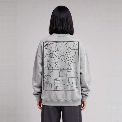 Kirtland map sweatshirt, back print on model - Heather Gray