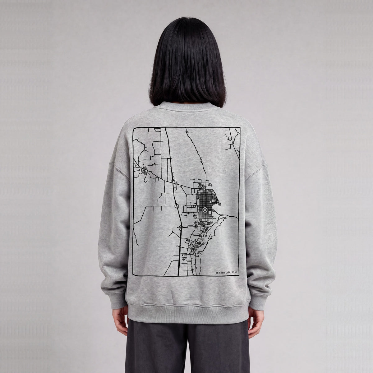 Brigham City map sweatshirt, back print on model - Heather Gray