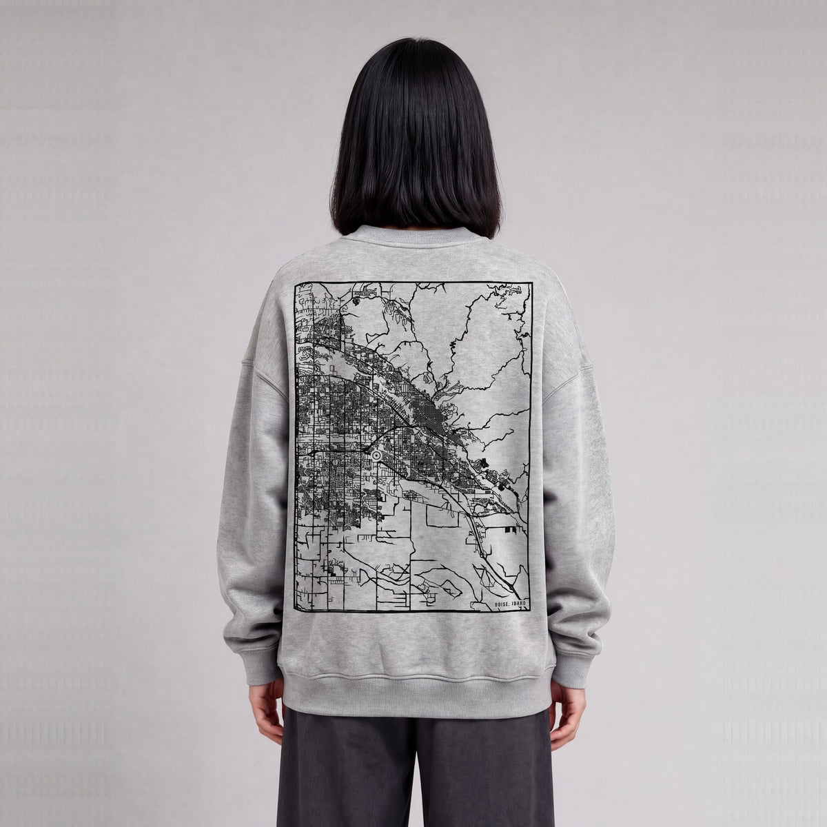 Boise map sweatshirt, back print on model - Heather Gray