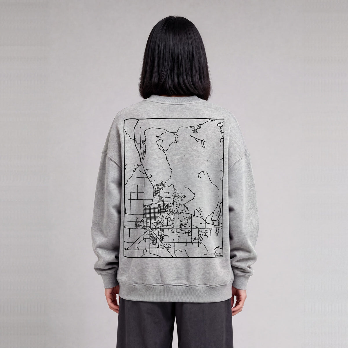 Heber City map sweatshirt, back print on model - Heather Gray