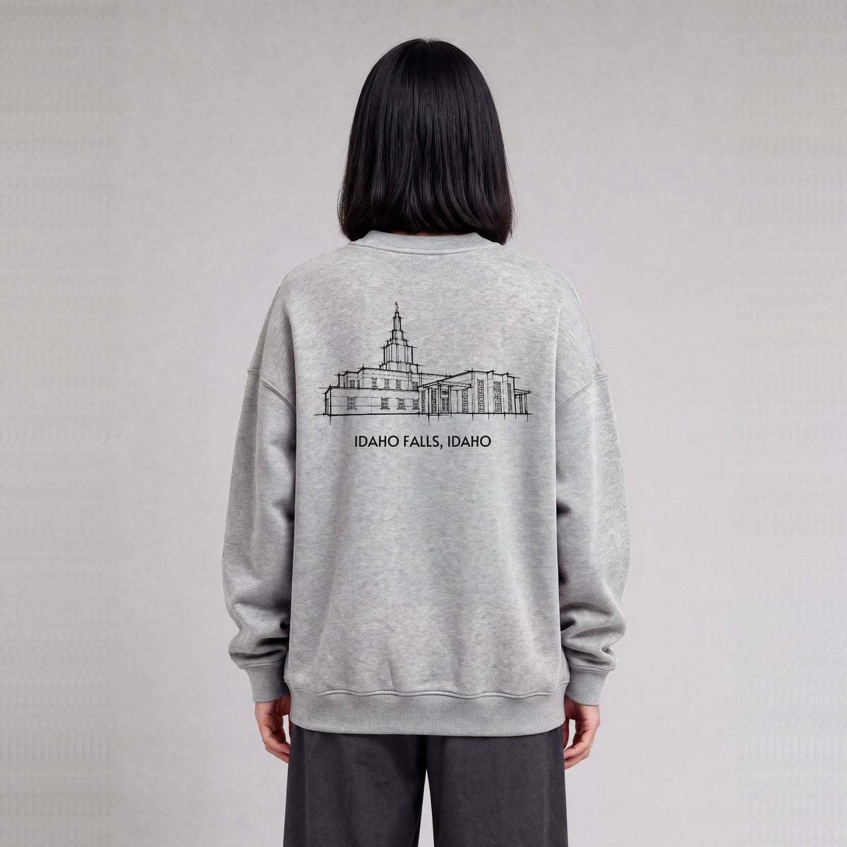 Idaho Falls Temple back print on model - Heather Gray