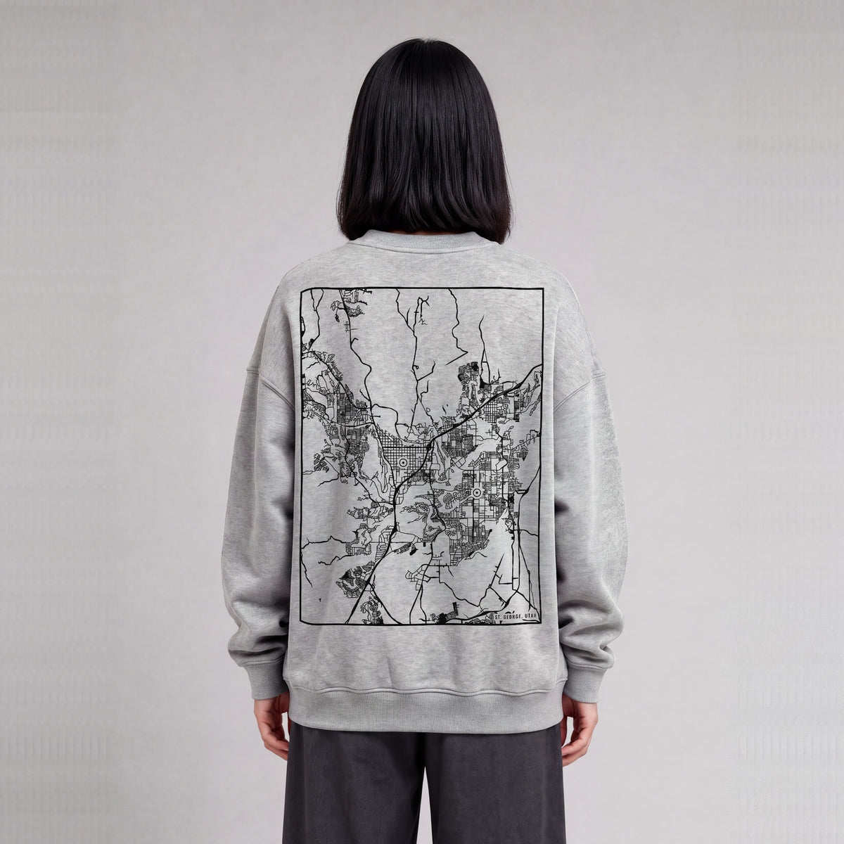 St. George map sweatshirt, back print on model - Heather Gray
