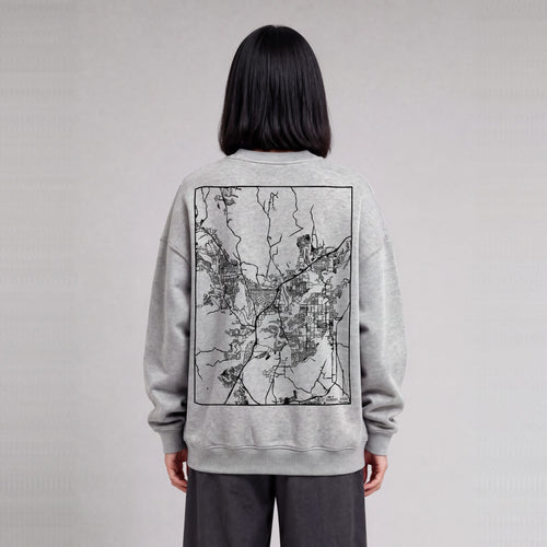 St. George map sweatshirt, back print on model - Heather Gray