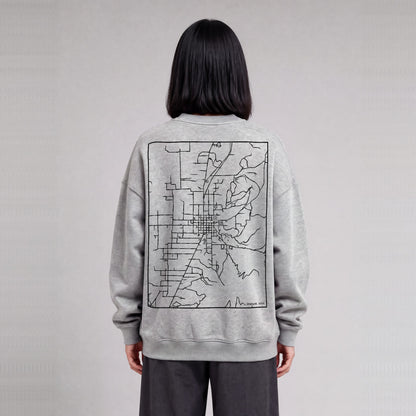 Ephraim map sweatshirt, back print on model - Heather Gray