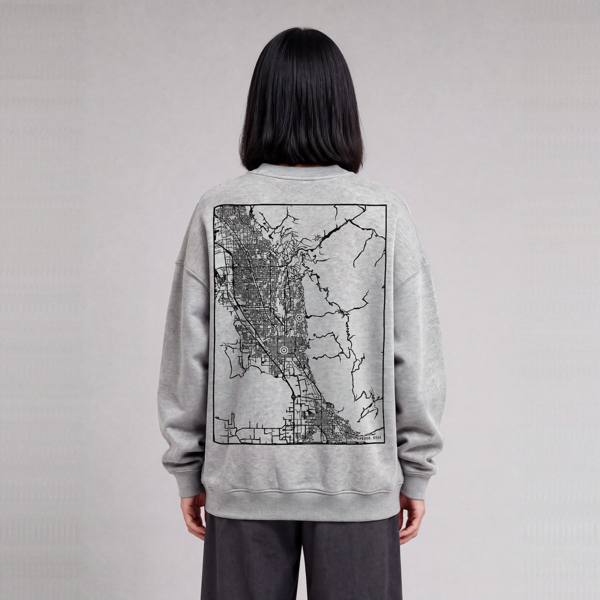 Provo map sweatshirt, back print on model - Heather Gray