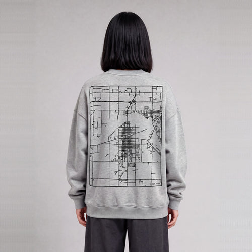 Burley map sweatshirt, back print on model - Heather Gray