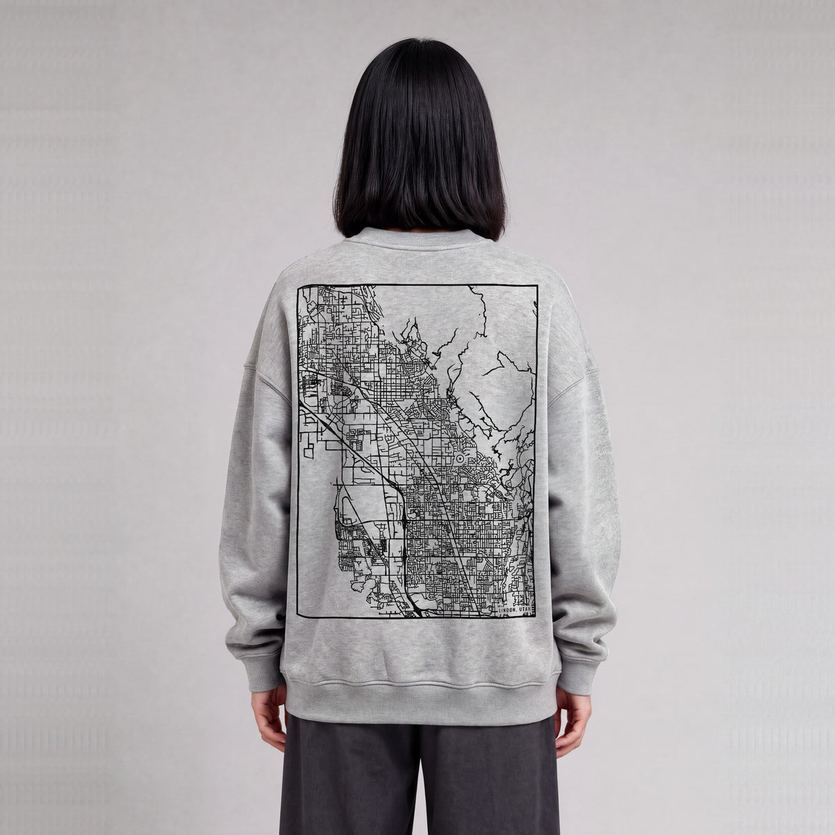 Lindon map sweatshirt, back print on model - Heather Gray