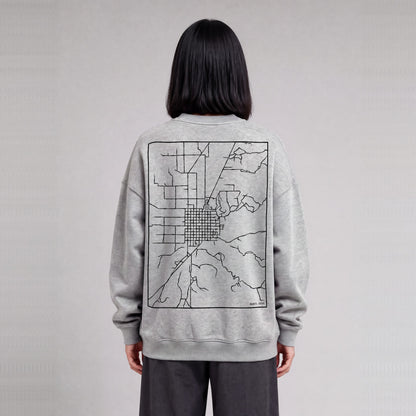 Manti map sweatshirt, back print on model - Heather Gray
