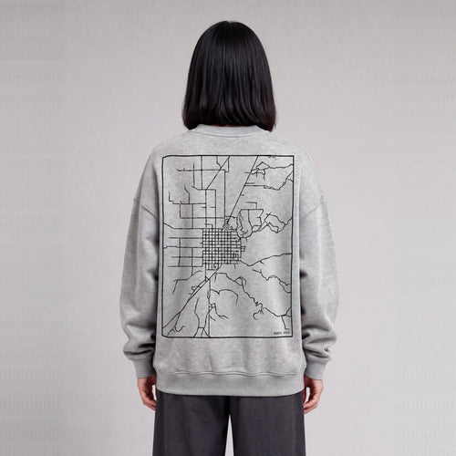 Manti map sweatshirt, back print on model - Heather Gray