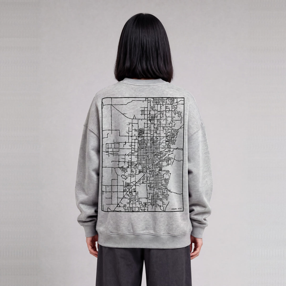 Logan map sweatshirt, back print on model - Heather Gray