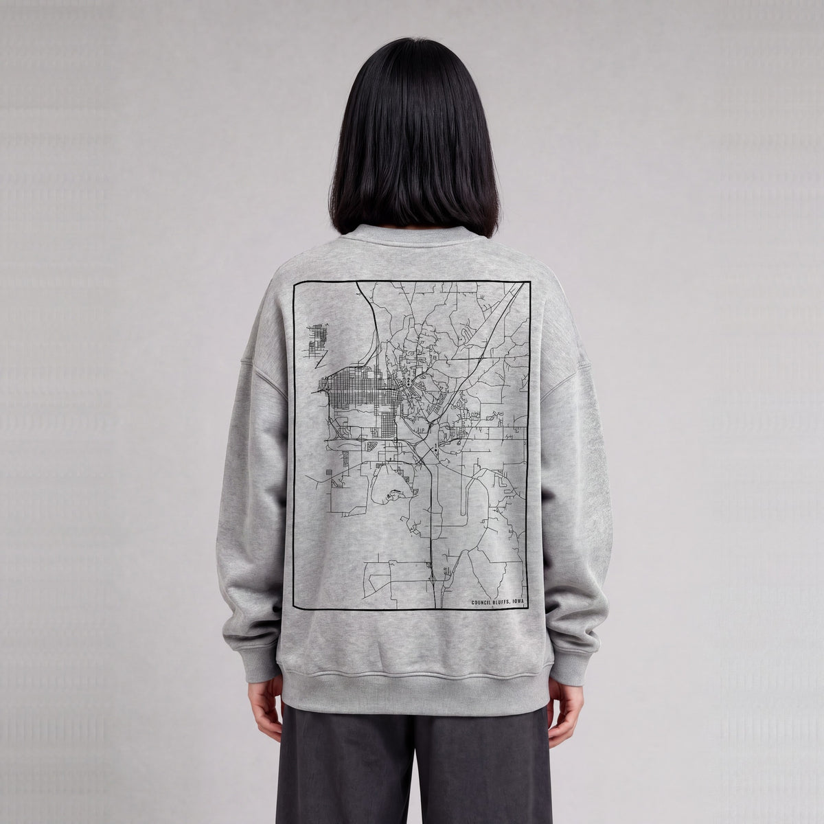 Council Bluffs map sweatshirt, back print on model - Heather Gray