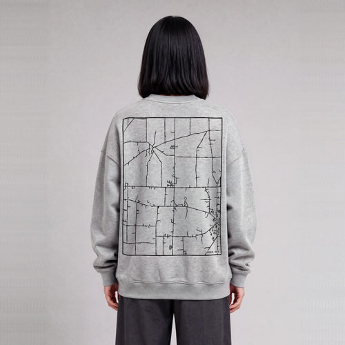 Hiram map sweatshirt, back print on model - Heather Gray