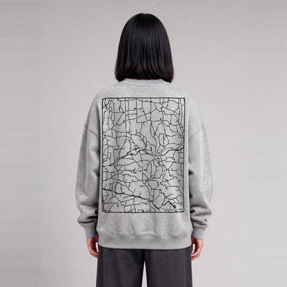 Colesville map sweatshirt, back print on model - Heather Gray