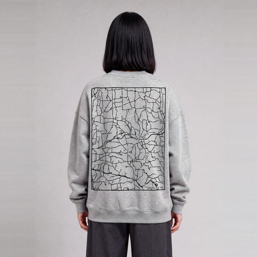 Colesville map sweatshirt, back print on model - Heather Gray