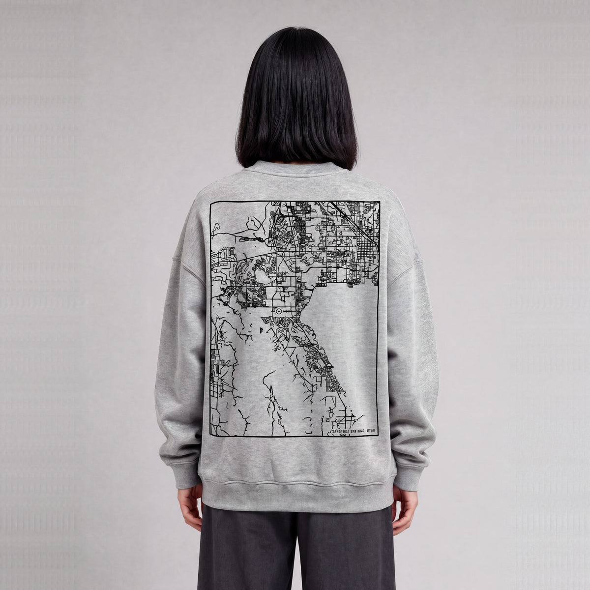 Saratoga Springs map sweatshirt, back print on model - Heather Gray