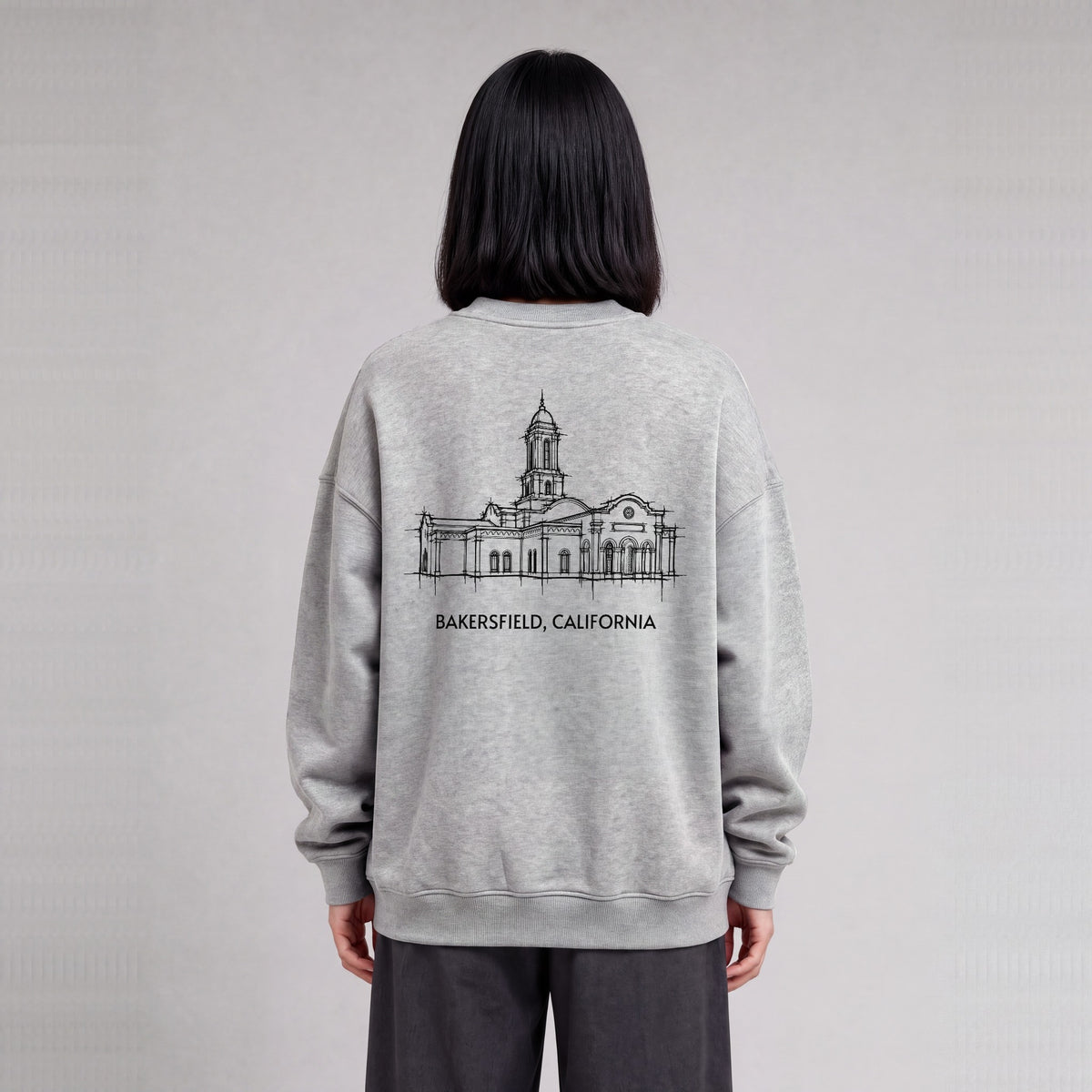 Bakersfield Temple back print on model - Heather Gray