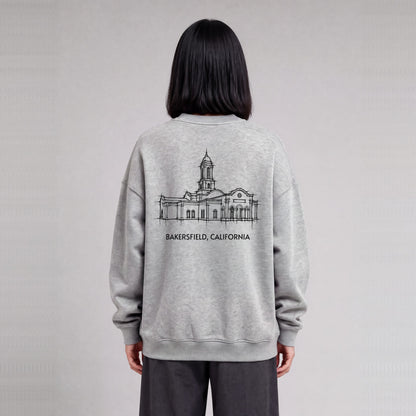 Bakersfield Temple back print on model - Heather Gray